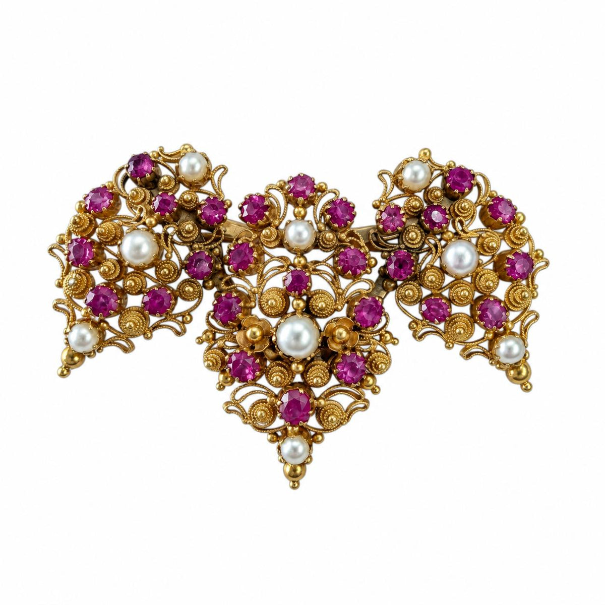 Antique Cannetille Filligree 16k & 20k Yellow Brooch With Pink Sapphires 8.87g