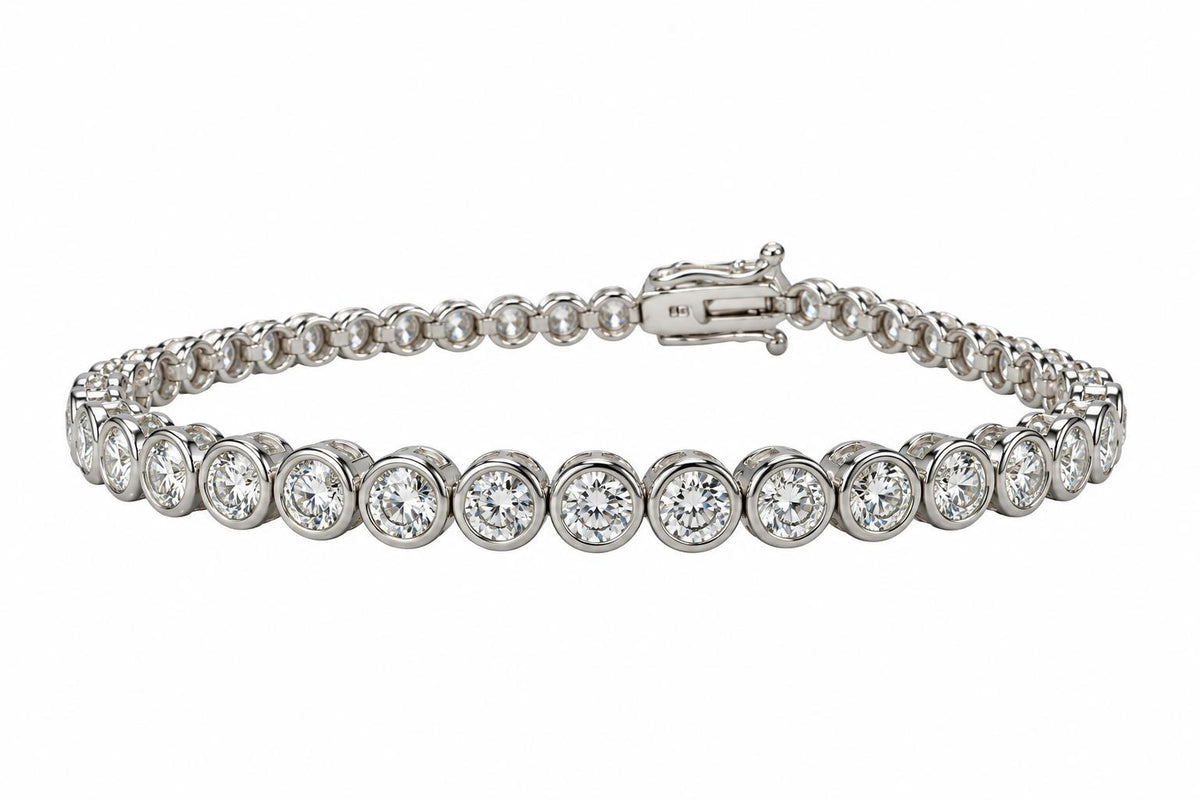 6.42cttw. White Diamond Bezel Set Tennis Bracelet in 14k White Gold 8.68g. 7"