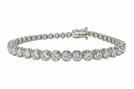 6.42cttw. White Diamond Bezel Set Tennis Bracelet in 14k White Gold 8.68g. 7"
