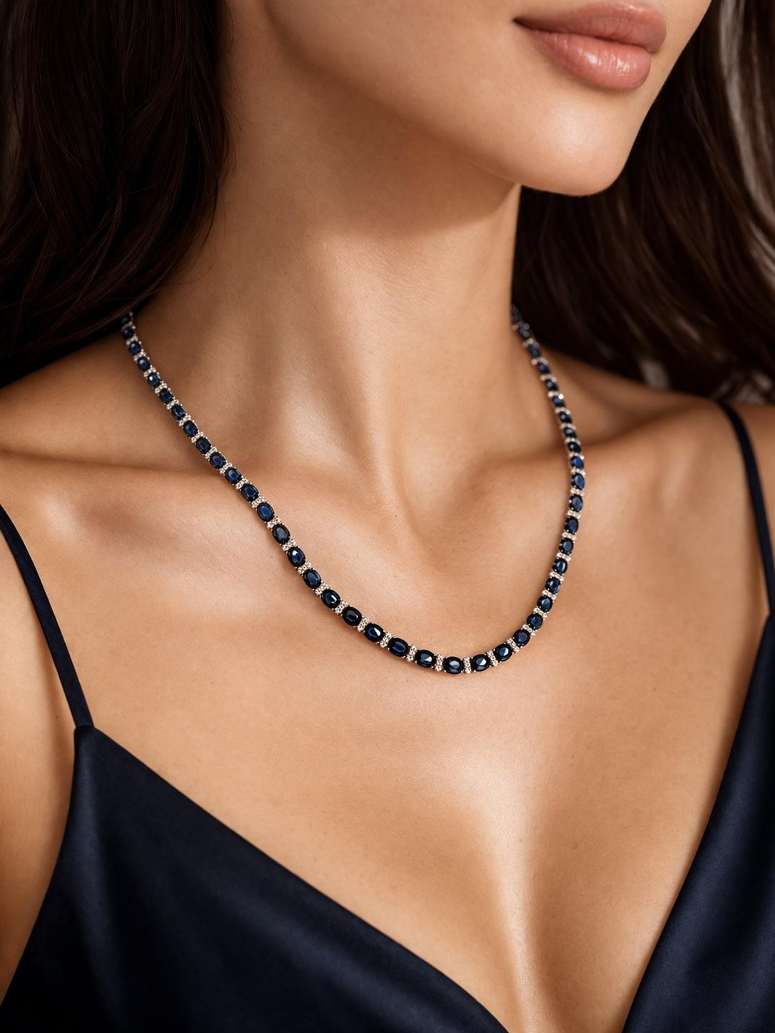 30.90cttw. Blue Sapphire & 0.55cttw. White Diamond Necklace in 14k WG 18"