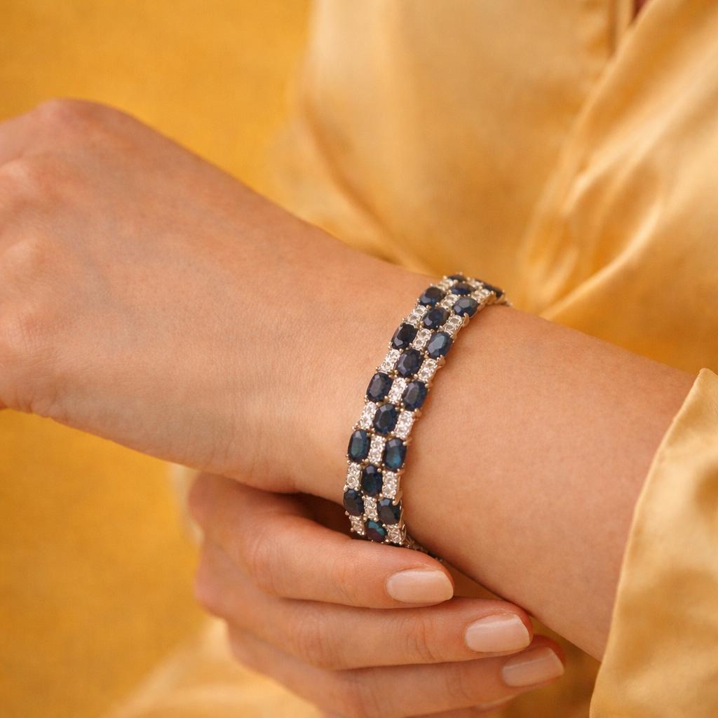 24cttw. Blue Sapphire & 2cttw. White Diamond Bracelet in 14k White Gold 25.13g.