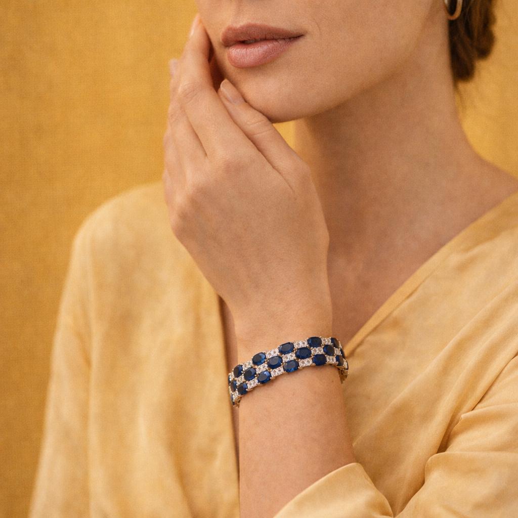 24cttw. Blue Sapphire & 2cttw. White Diamond Bracelet in 14k White Gold 25.13g.