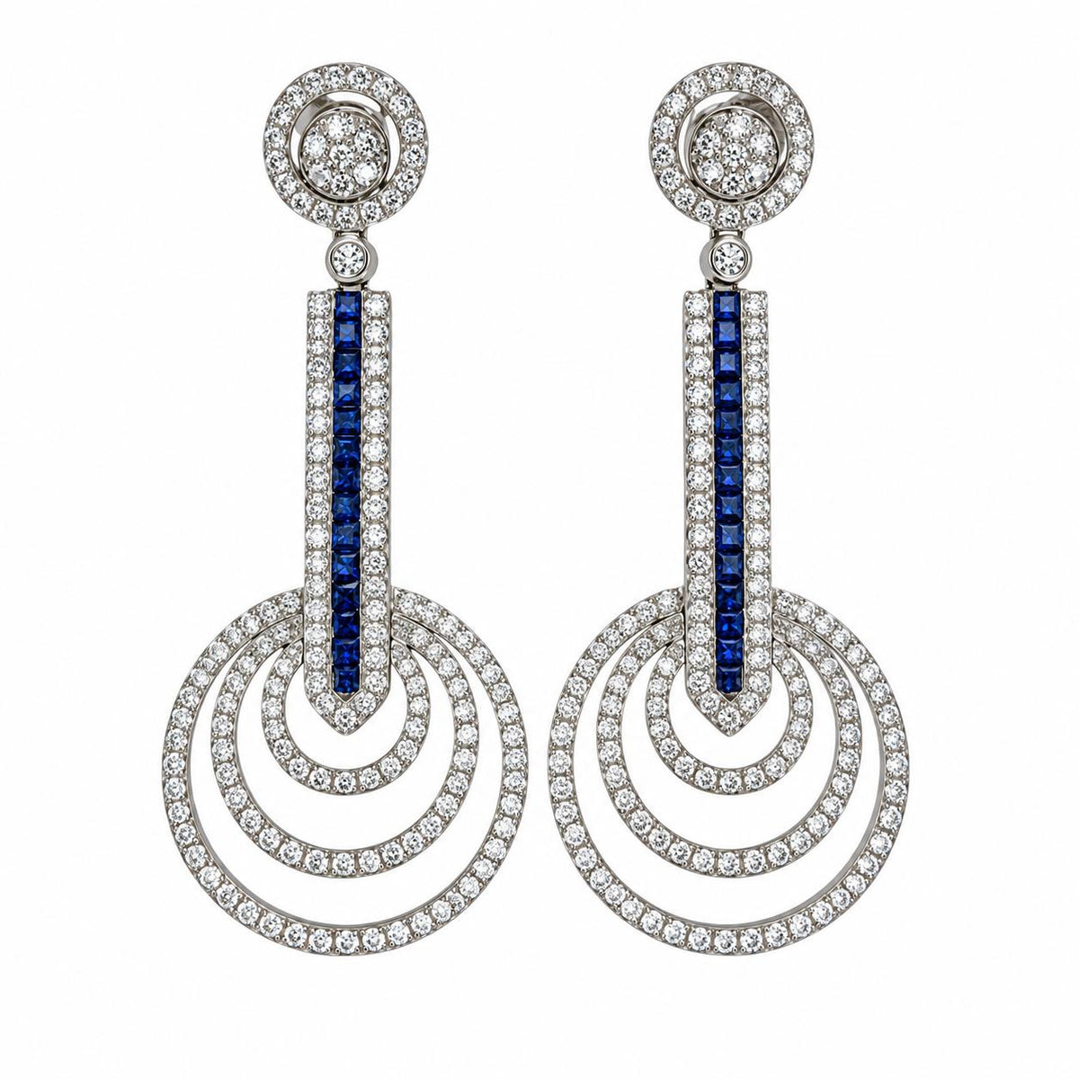 4.75cttw White Diamond & 0.25cttw Sapphire Drop Earrings in 18k White Gold 13.6g