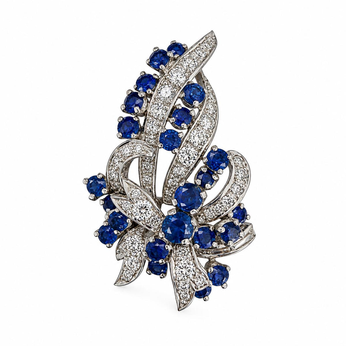 2.53cttw. Sapphite & 0.75cttw. White Diamond Brooch in 14k White Gold 6.6g.