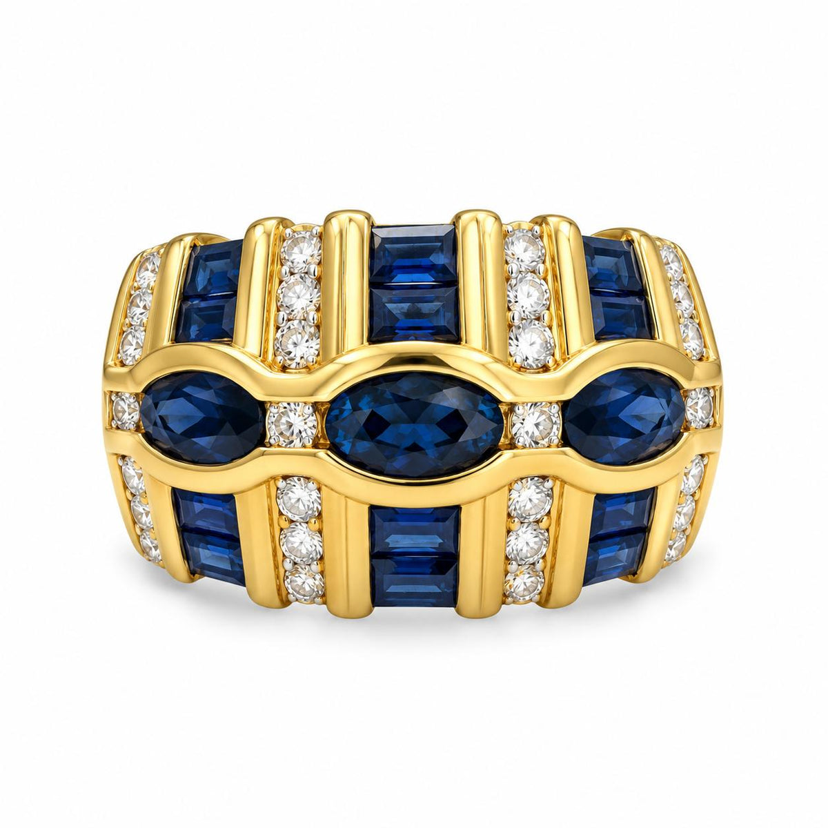 Vintage 18k Yellow Gold Ring with White Diamonds & Blue Sapphiers 7.96G 9US