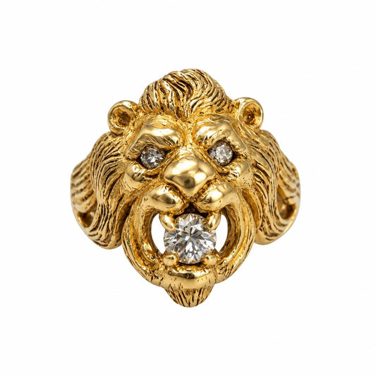 14k Yellow Gold Lion Ring with White Diamonds 13.35g. 9.5US