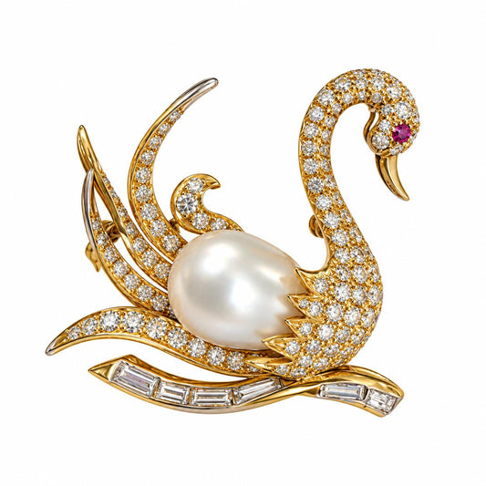Approx. 4cttw. White Diamond Swan Brooch in 14k Yellow Gold 12.43g.