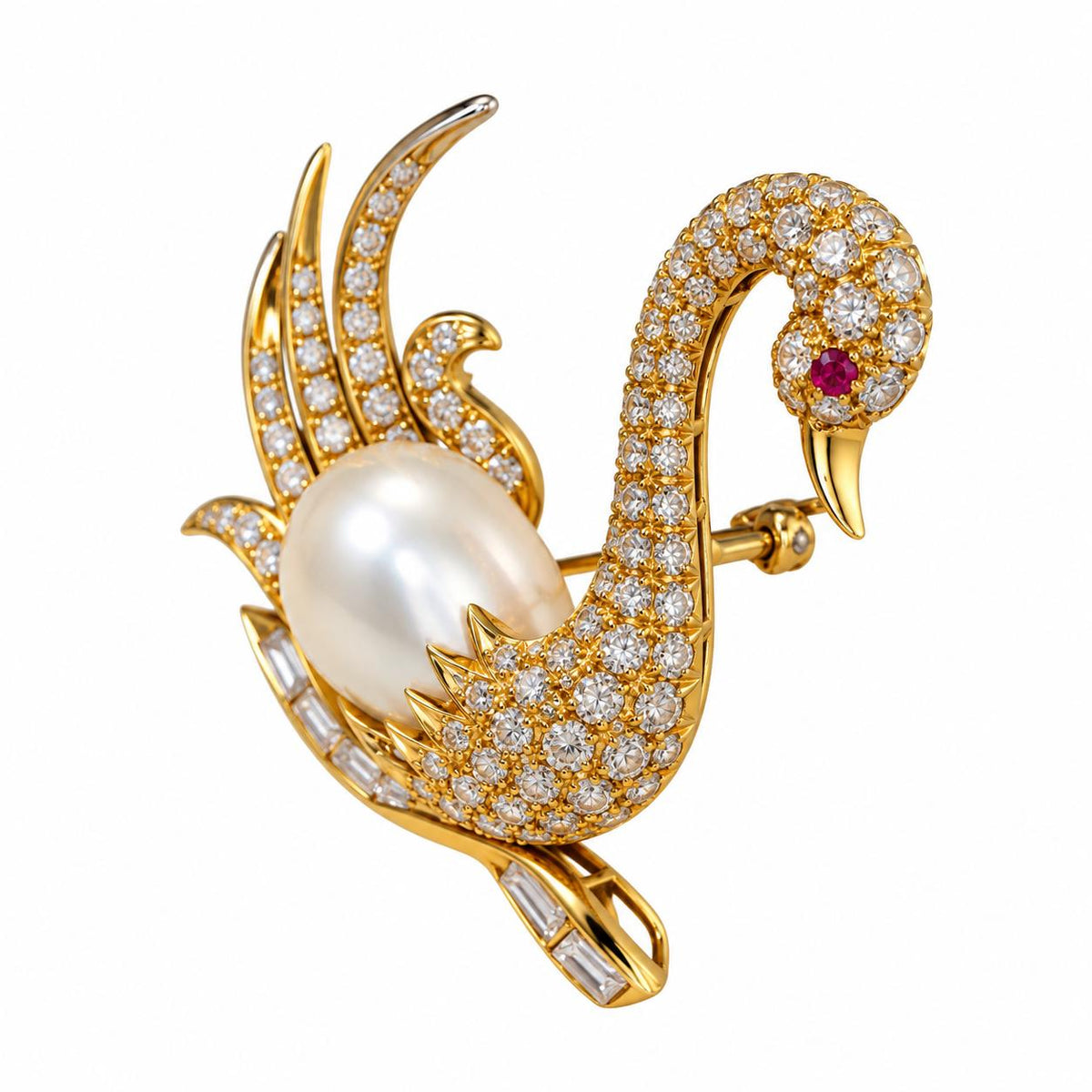 Approx. 4cttw. White Diamond Swan Brooch in 14k Yellow Gold 12.43g.
