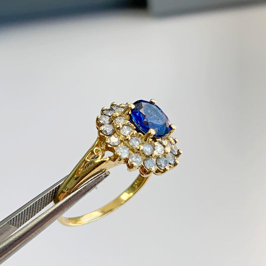 2.06 cttw Blue Oval Sapphire & White Diamond Cocktail Ring 18K YG 6.75 US