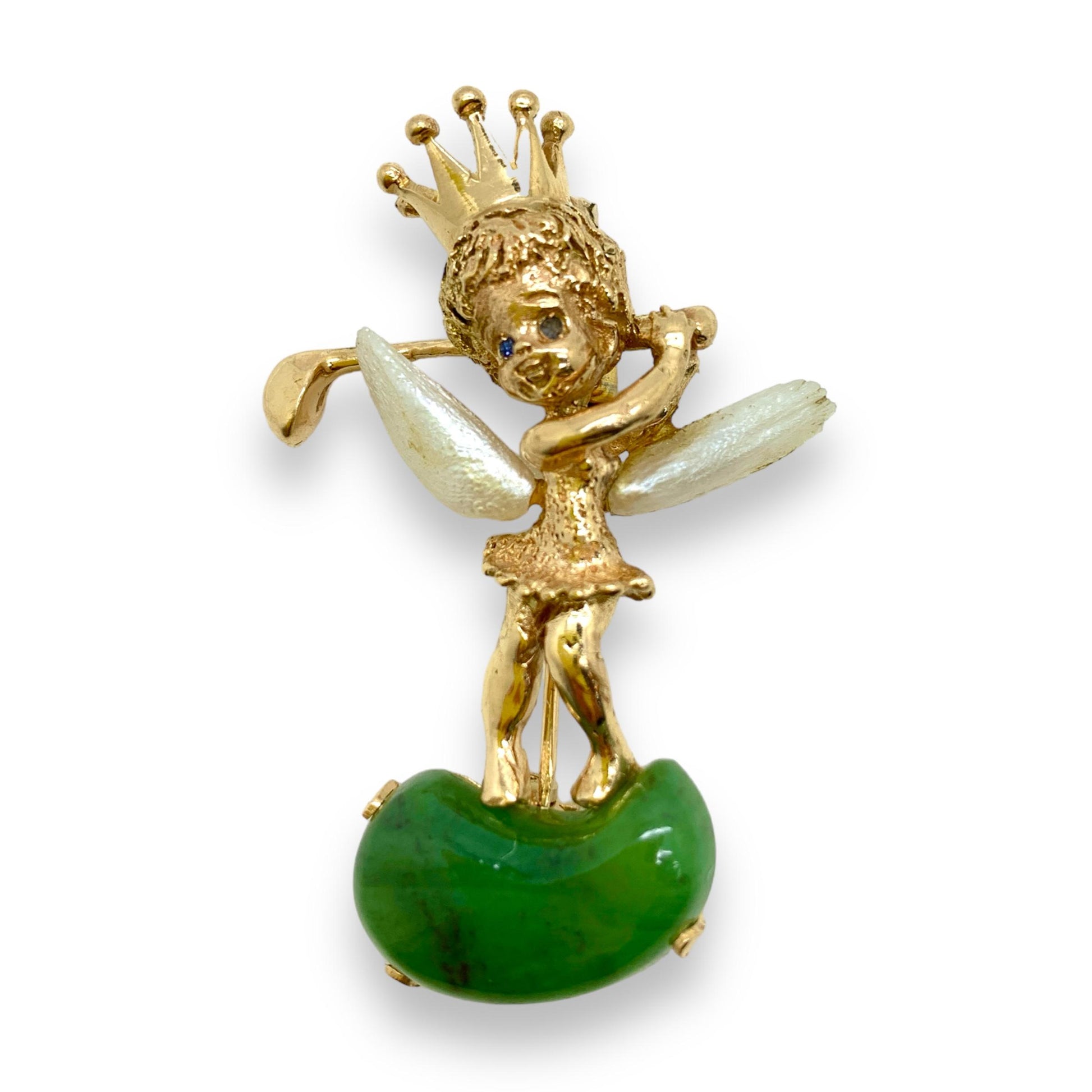 14K Yellow Gold Golf Brooch With Jade 11.92 g