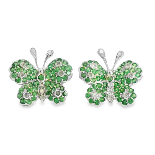 1.50 cttw. Green Tsavorite & White Diamond Butterfly Studs Earrings in 10k Gold