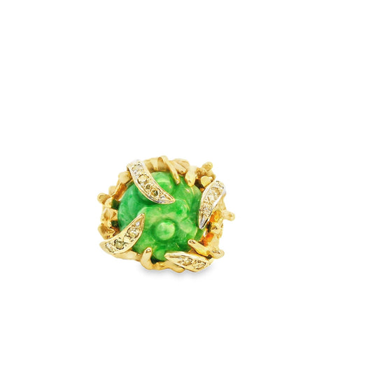 14k Yellow Gold Carved Jage & White Diamond Ring in 14k Yellow Gold 5.25US