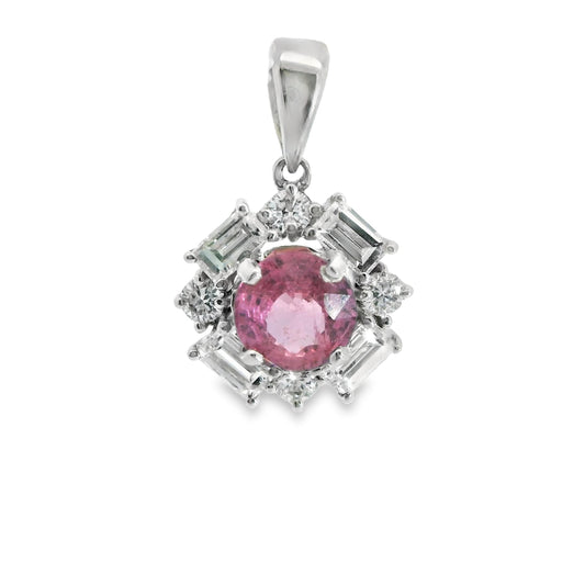 1.20ct. Pink Sapphire & 0.20cttw White Diamond Pendant in 14k White Gold 2.0g.