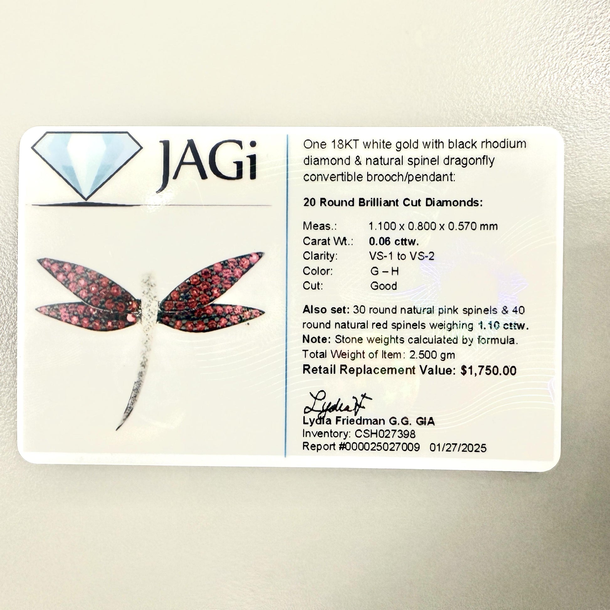 1.10 cttw Pink Spinels & 1.2cttw. White Diamond Dragonfly in 18k White Gold 4.5g