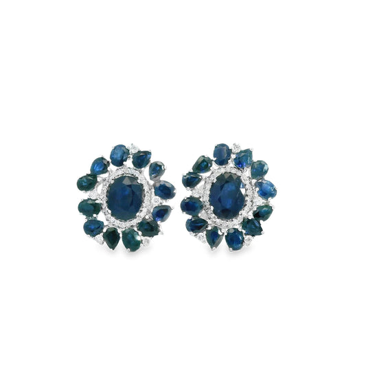 8.95 cttw. Blue Sapphire & White Diamond Earrings in 14k White Gold 10.62g.