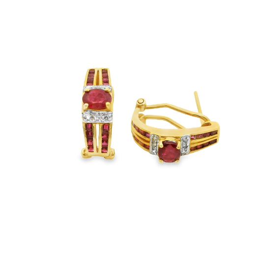 1.95cttw. Ruby & White Diamond Earrings in 14k Yellow Gold 3.76g.