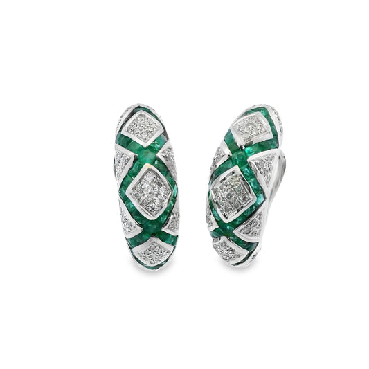 4cttw. Emerald & 1cttw. White Diamond  Dome Earrings in 14k White Gold