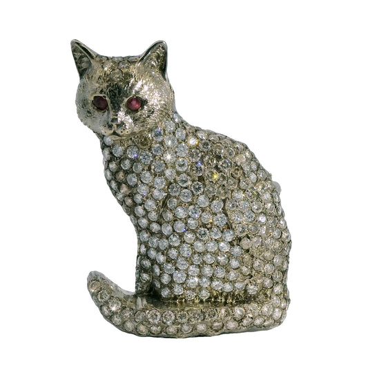 15.10cttw. White Diamond Cat Brooch in 14k White Gold 26.13g.
