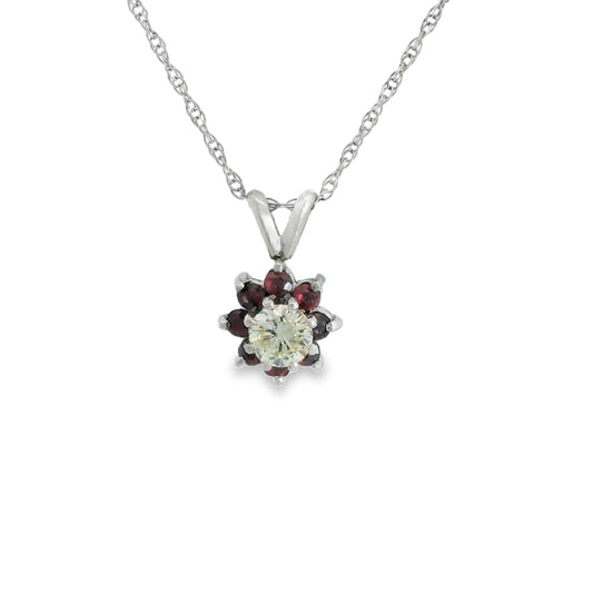 0.36ct. White Diamond & Ruby Pendant Necklace in 14k White Gold 8" 2.46g.