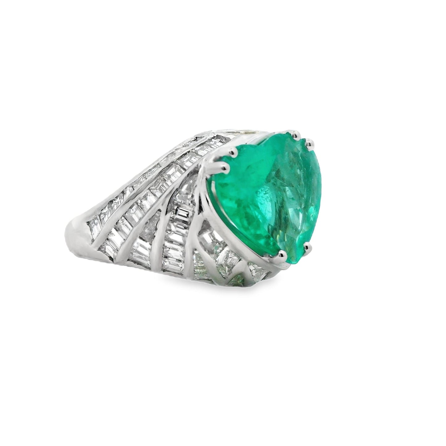 3.55 ct. Green Emerald Heart Shape & White Diamond Ring in 18k White Gold