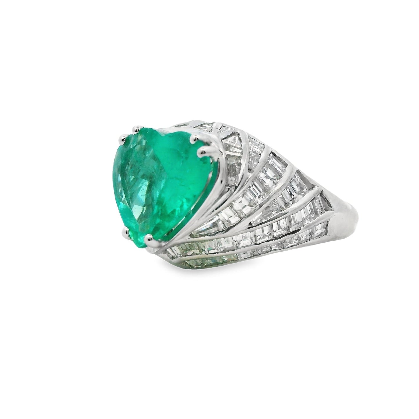 3.55 ct. Green Emerald Heart Shape & White Diamond Ring in 18k White Gold
