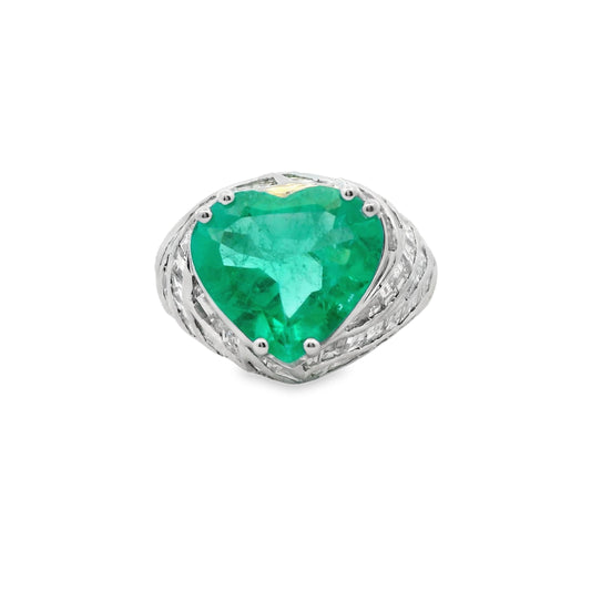 3.55 ct. Green Emerald Heart Shape & White Diamond Ring in 18k White Gold