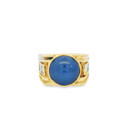 Blue Star Sapphire & White Diamond Ring in 14k Yellow  Gold 8US 9.79g.