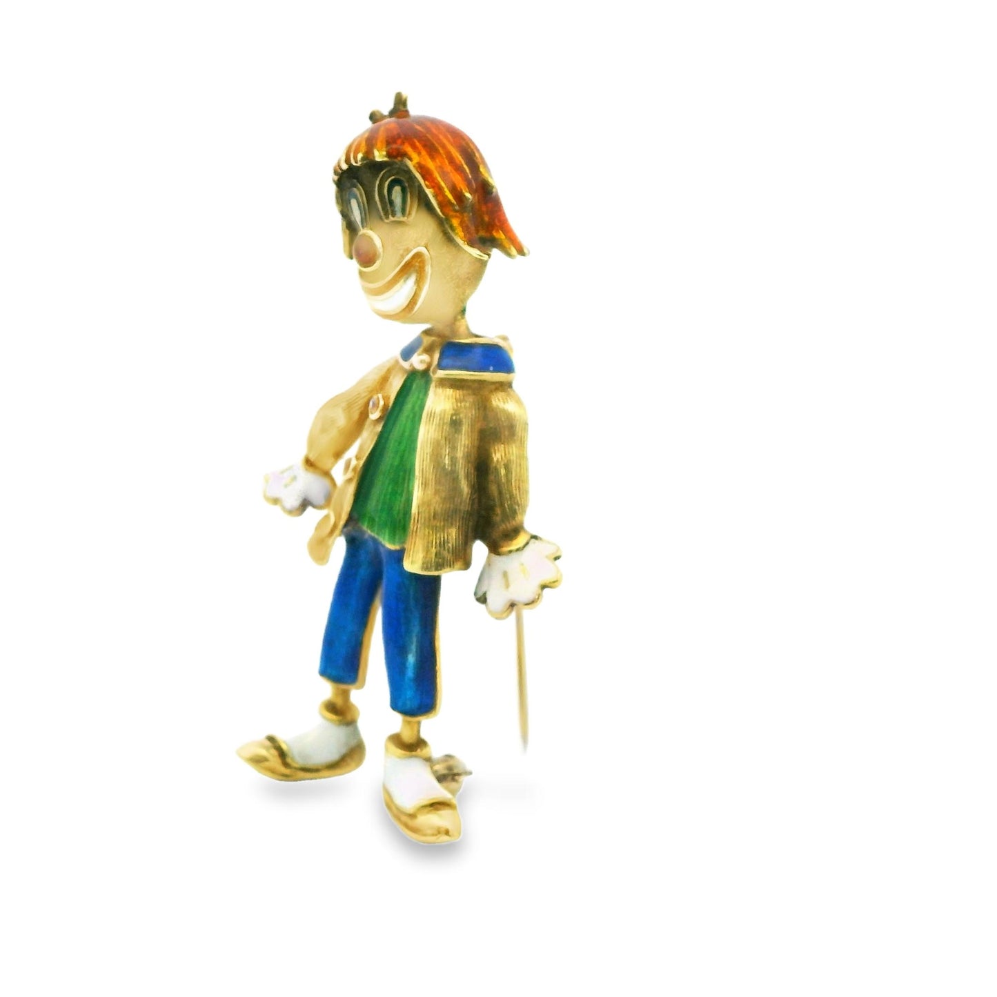 18k Yellow Gold Enamel Clown Brooch 15.29g.