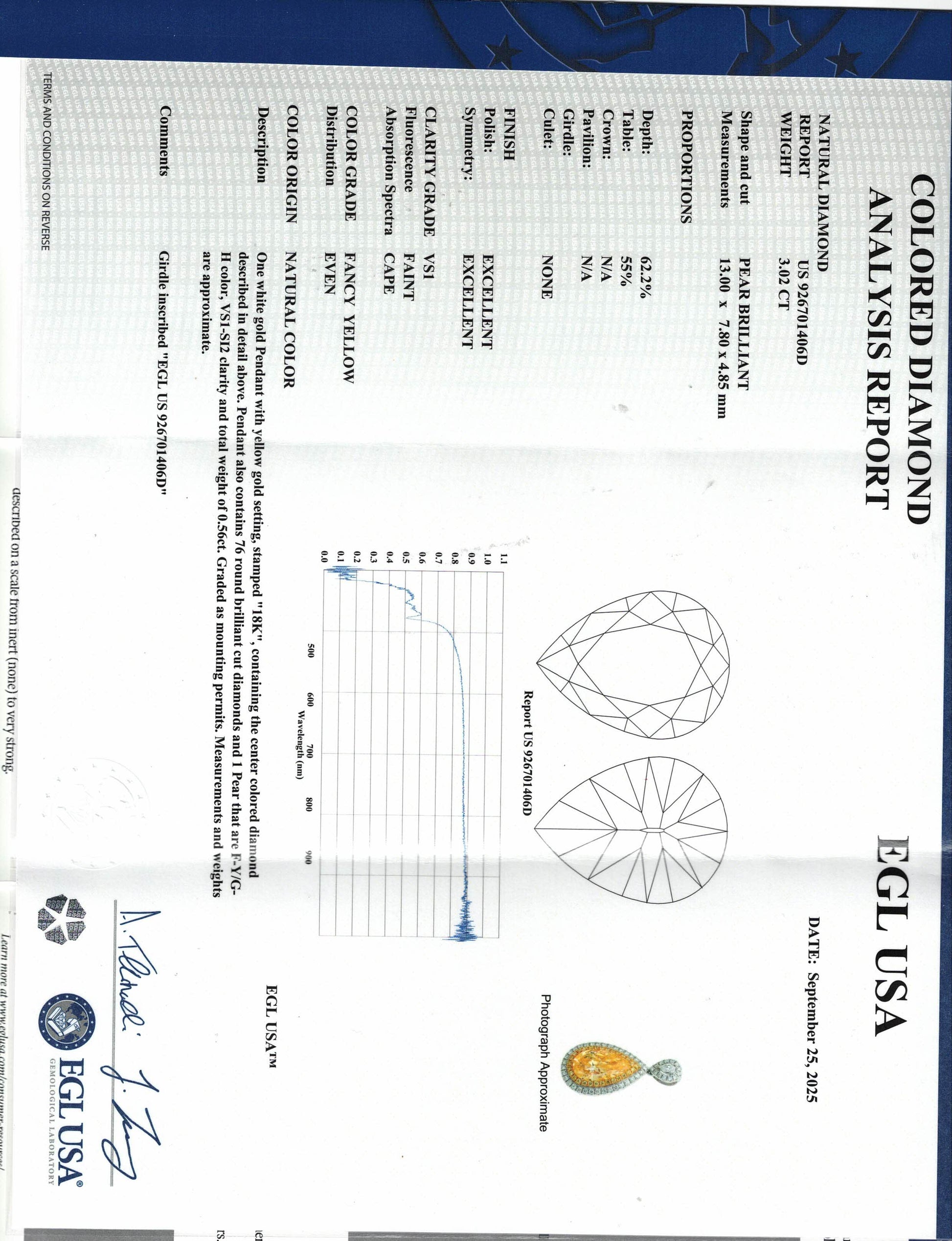 3.02 Fancy Yellow Diamond & 0.56 cttw. White Diamond Pendant Necklace in 18k WG