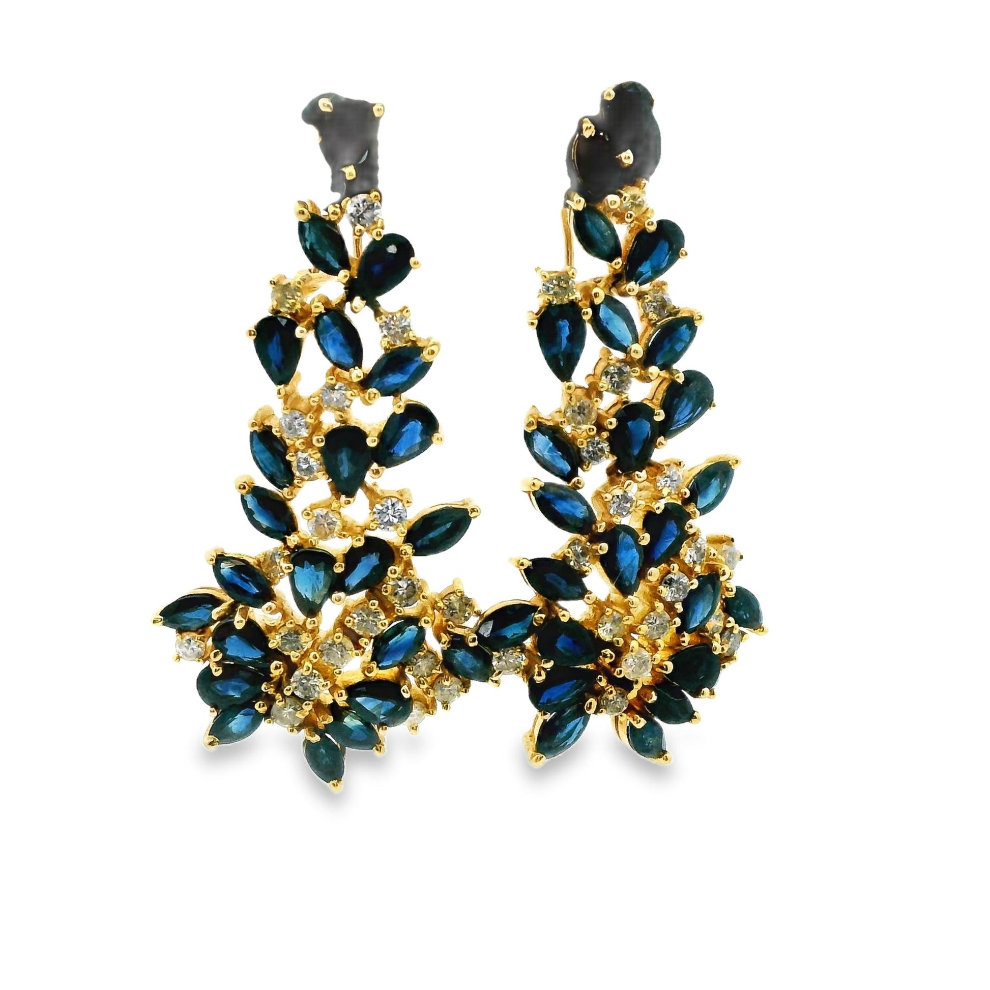 4.8cttw Blue Sapphire & 1.2cttw. White Diamond Drop Earrings in 14k Yellow Gold