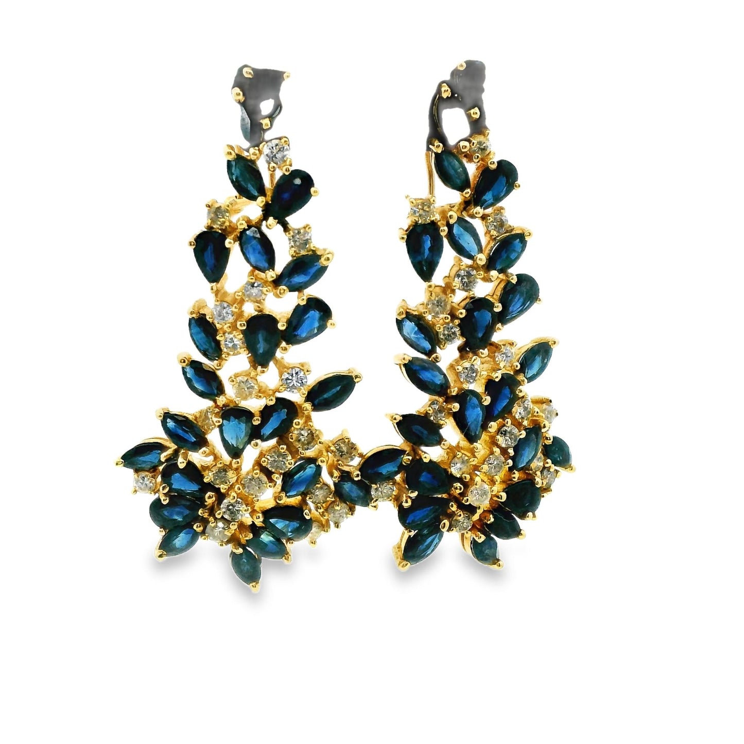 4.8cttw Blue Sapphire & 1.2cttw. White Diamond Drop Earrings in 14k Yellow Gold