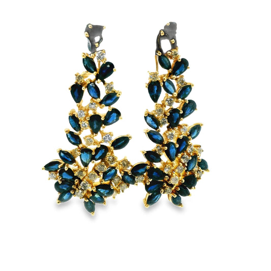 4.8cttw Blue Sapphire & 1.2cttw. White Diamond Drop Earrings in 14k Yellow Gold