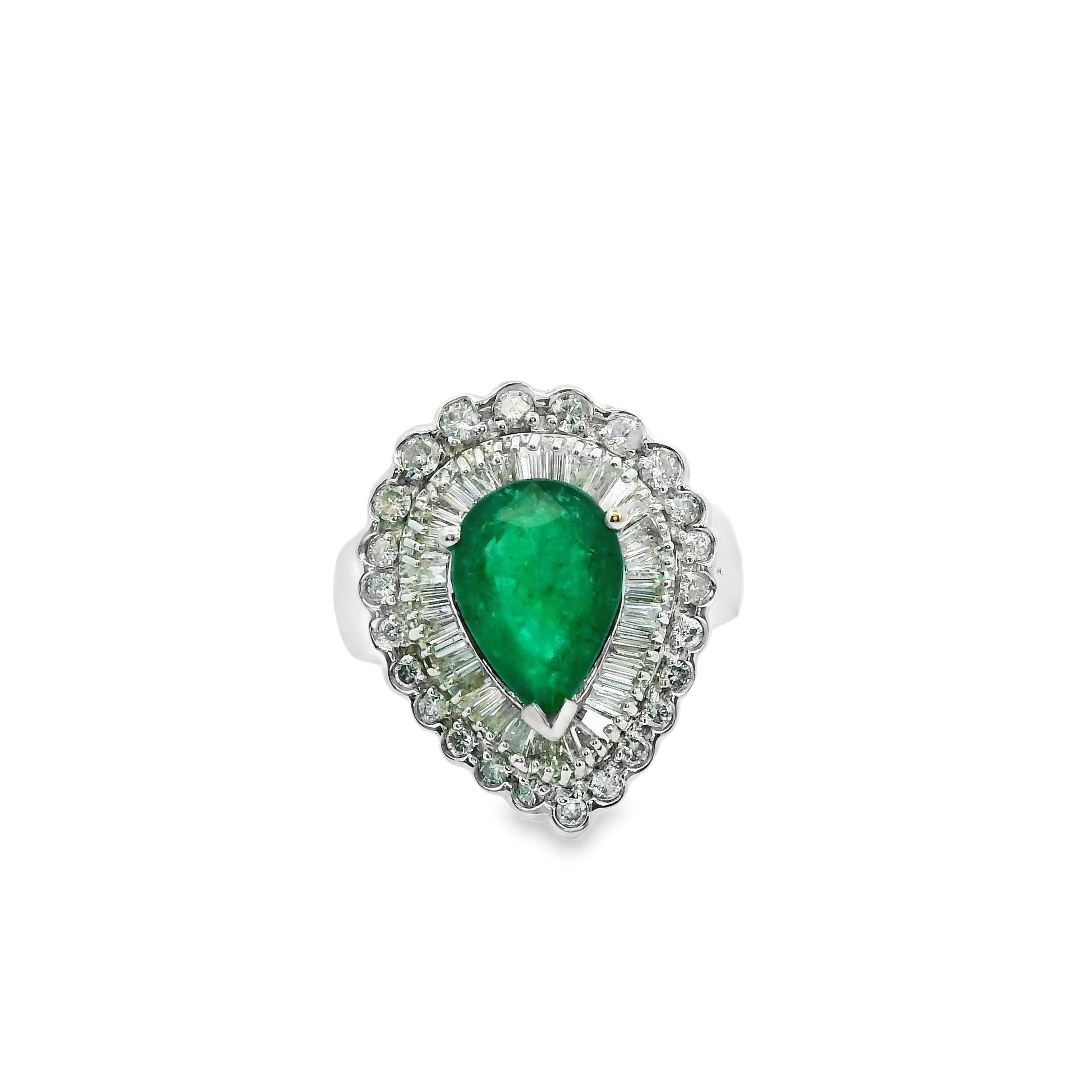 2.20 Green Emerald & 1.10cttw. White Diamond Ring in 18k White Gold 7US 8.21g.
