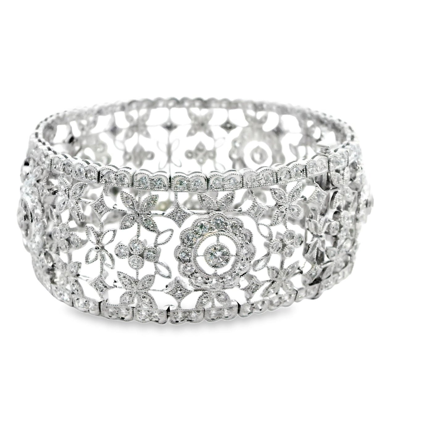 9.20cttw. White Diamond Vintage Wide Bracelet in 18k White Gold 7" 51.23g.