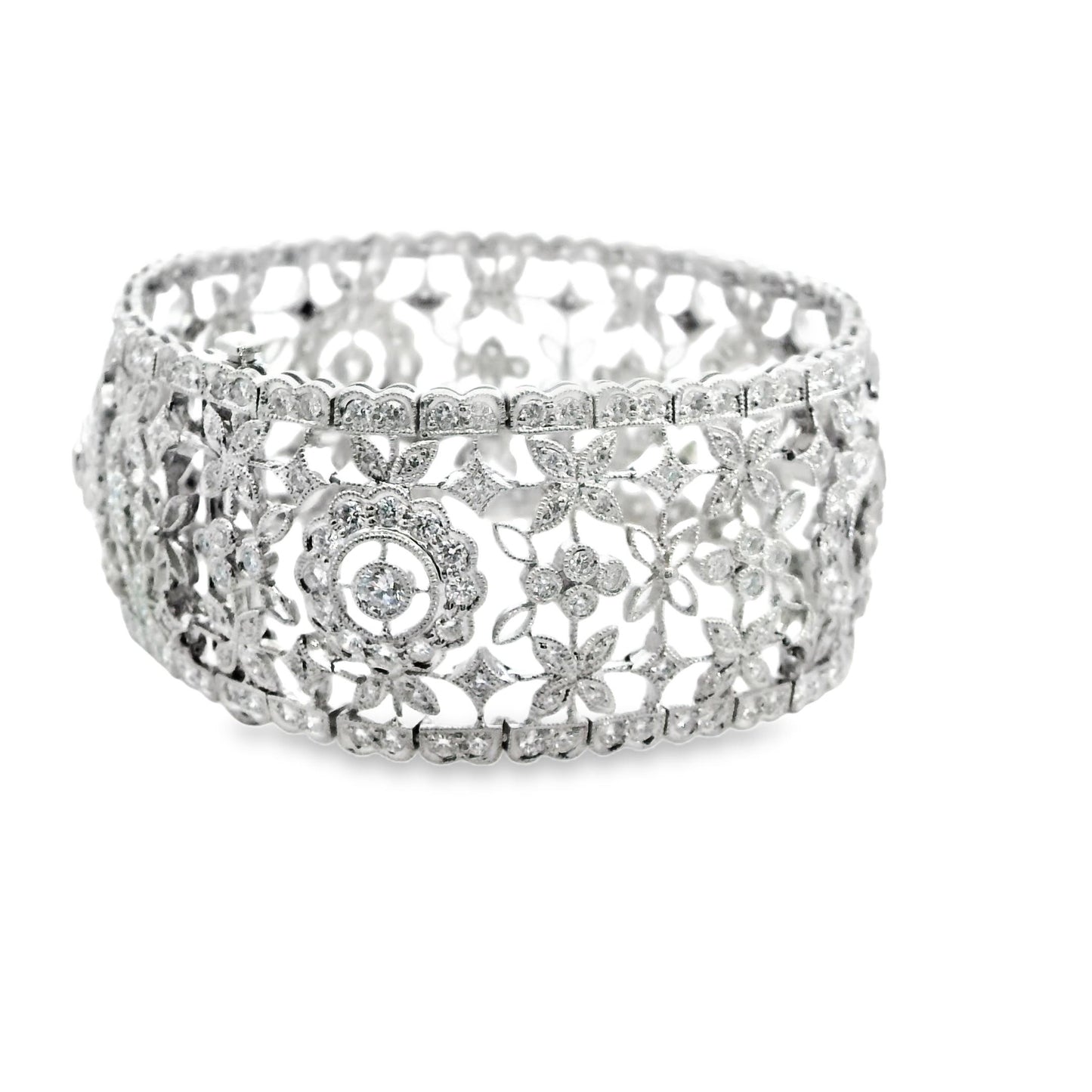 9.20cttw. White Diamond Vintage Wide Bracelet in 18k White Gold 7" 51.23g.