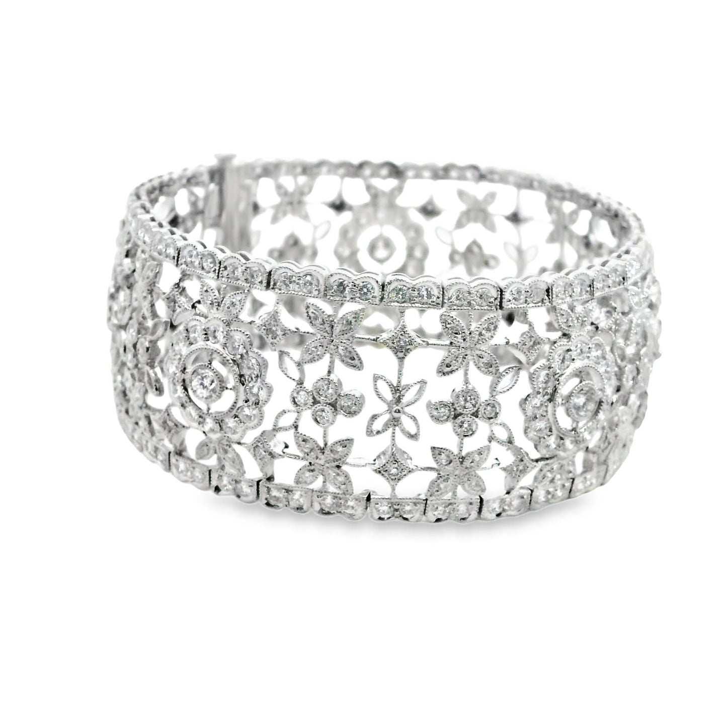 9.20cttw. White Diamond Vintage Wide Bracelet in 18k White Gold 7" 51.23g.
