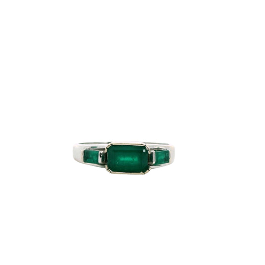 1.30cttw. Green Emerald Three Stone Ring in 18k White Gold 6US 3.68g.