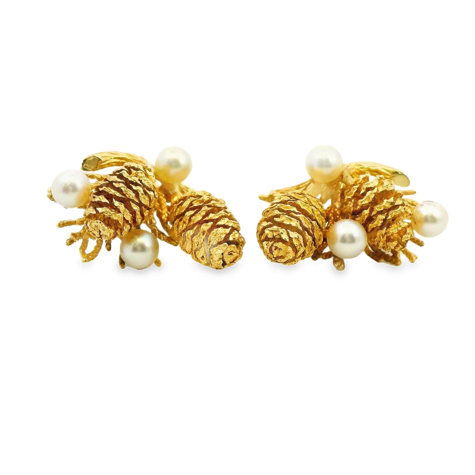 14k Yellow Gold Pine Cones Earrings with Pearls 20.54g.