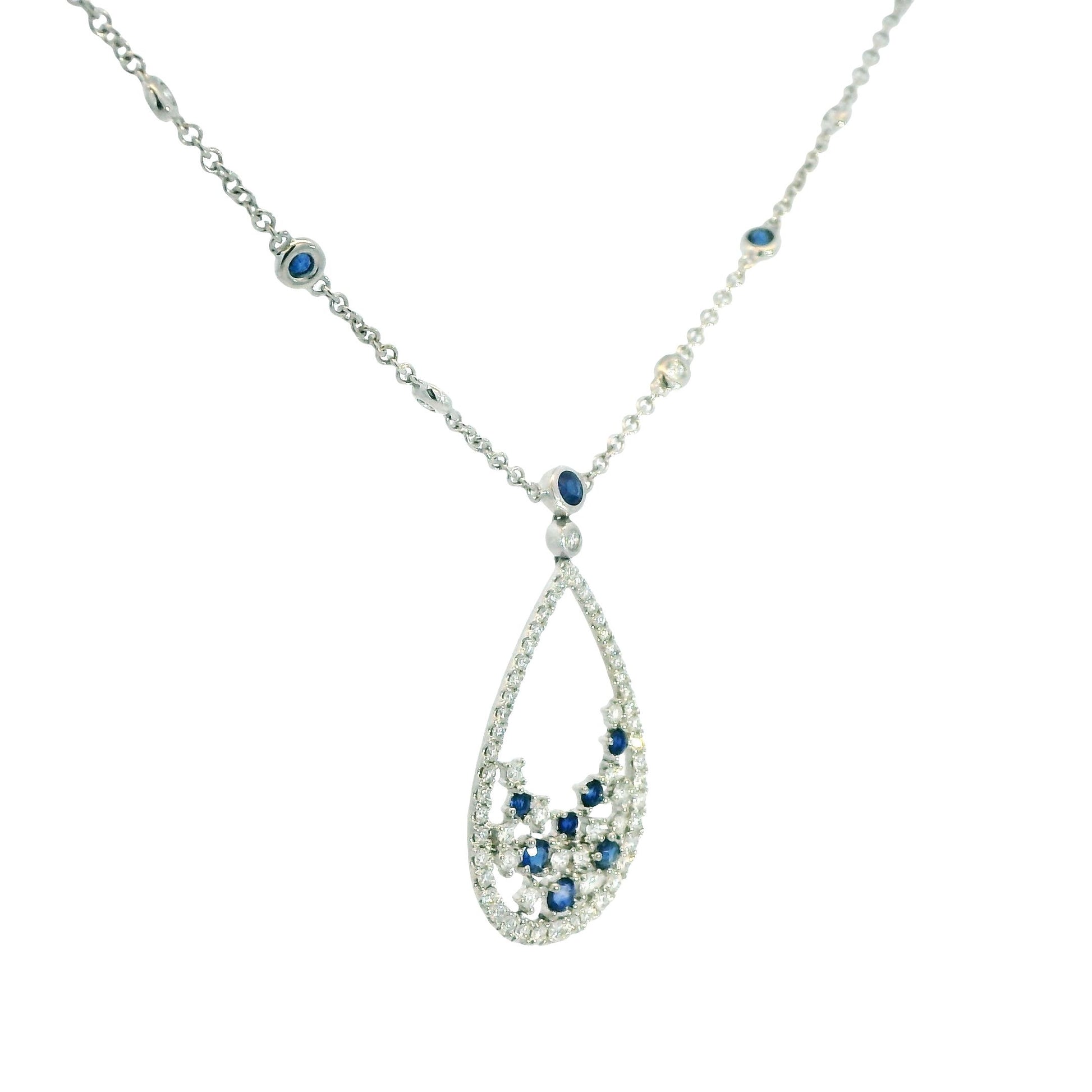 0.64cttw. White Diamond & Blue Sapphire Necklace in 18k White Gold 18" 6.90g.