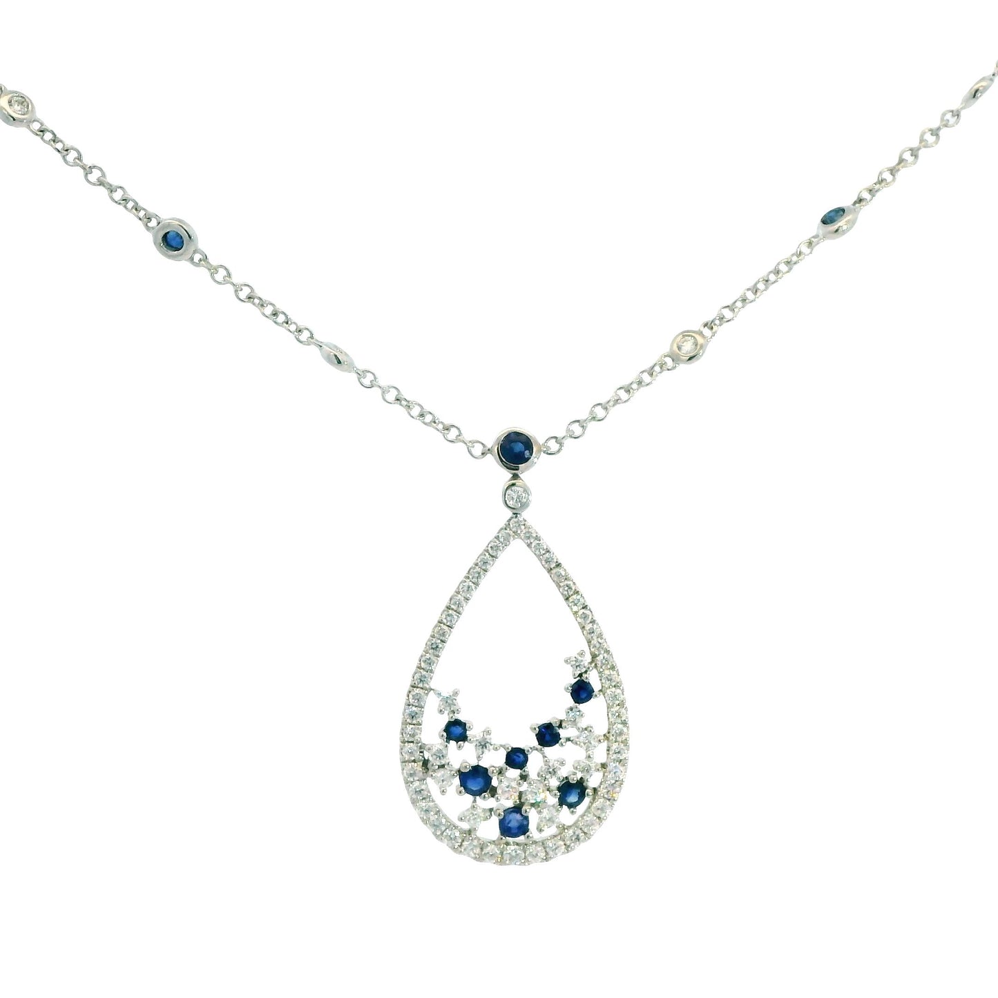 0.64cttw. White Diamond & Blue Sapphire Necklace in 18k White Gold 18" 6.90g.