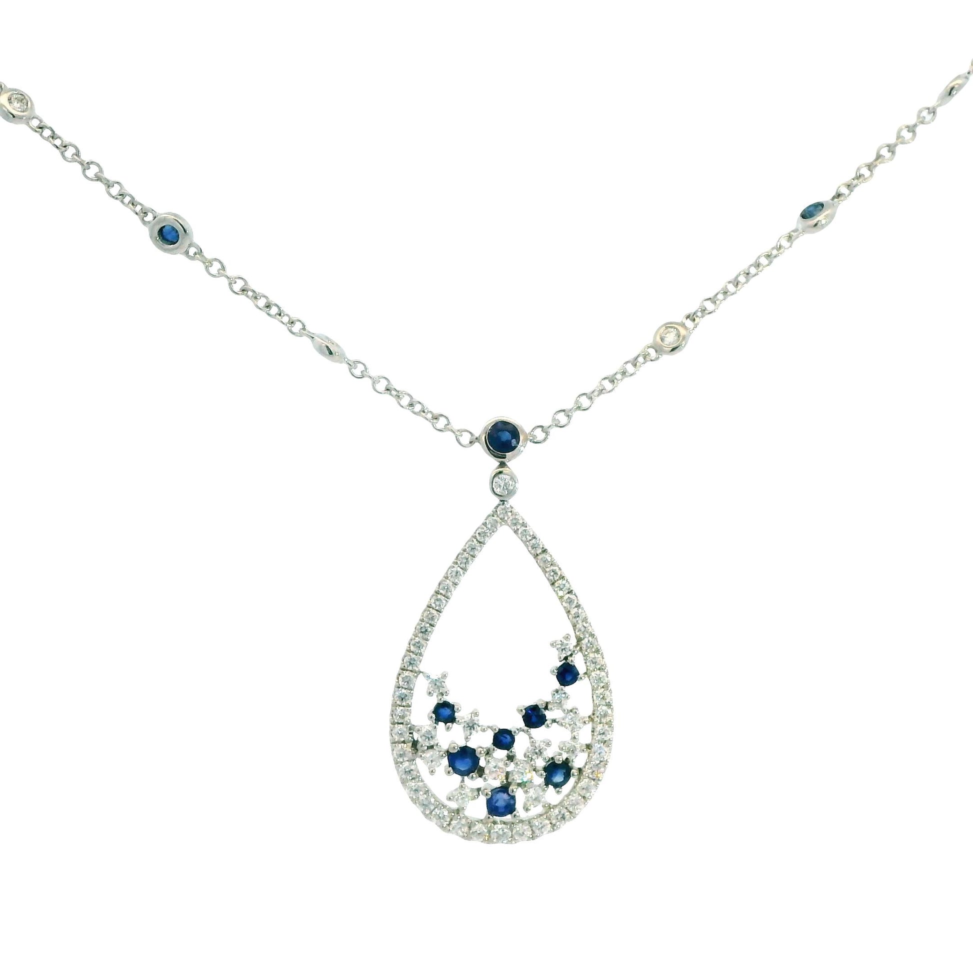 0.64cttw. White Diamond & Blue Sapphire Necklace in 18k White Gold 18" 6.90g.