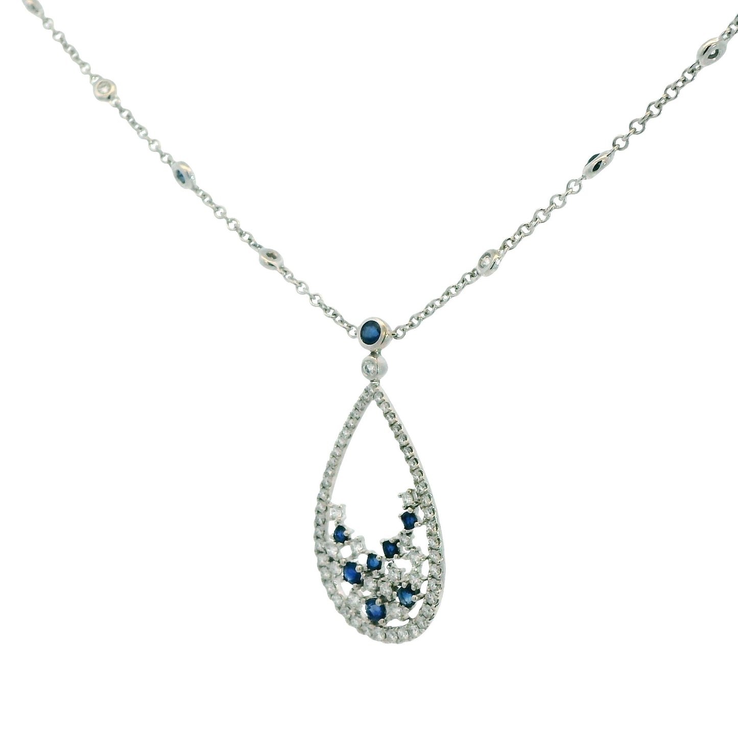 0.64cttw. White Diamond & Blue Sapphire Necklace in 18k White Gold 18" 6.90g.