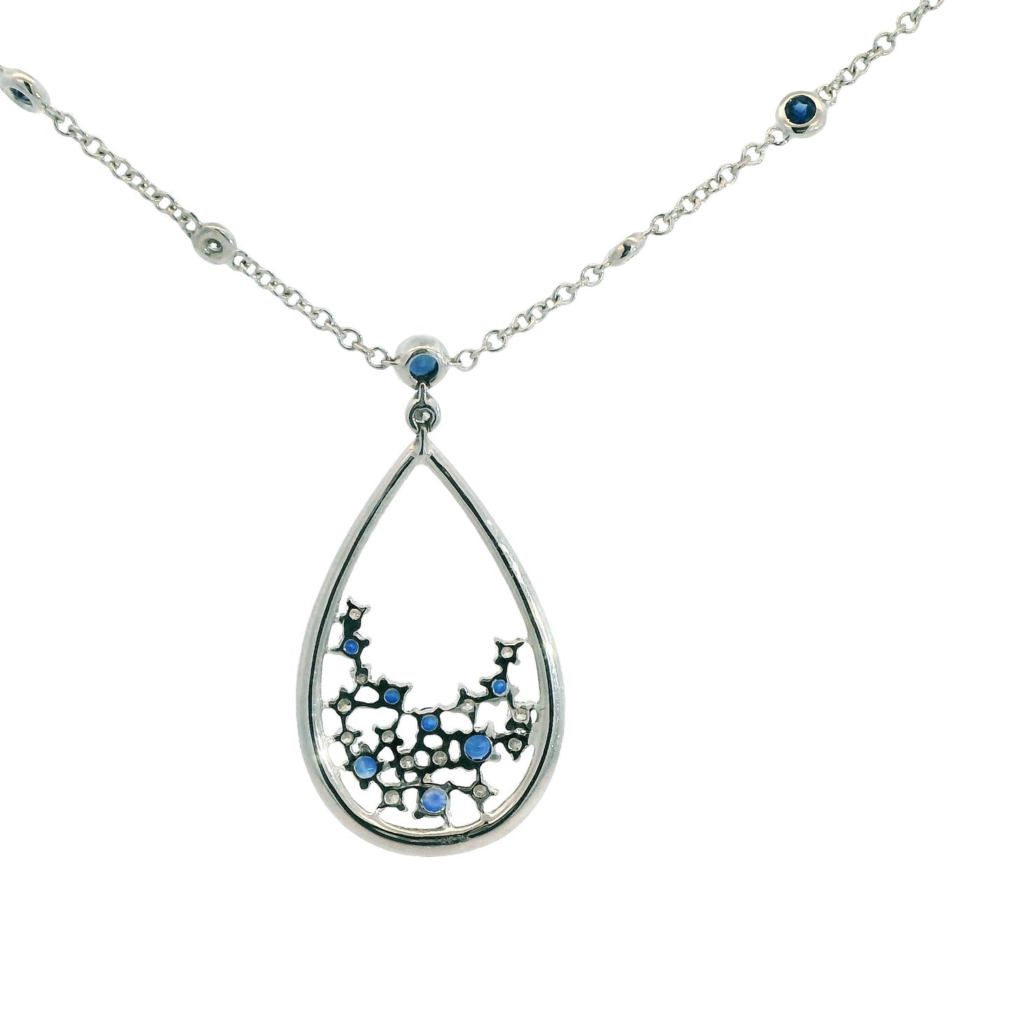 0.64cttw. White Diamond & Blue Sapphire Necklace in 18k White Gold 18" 6.90g.