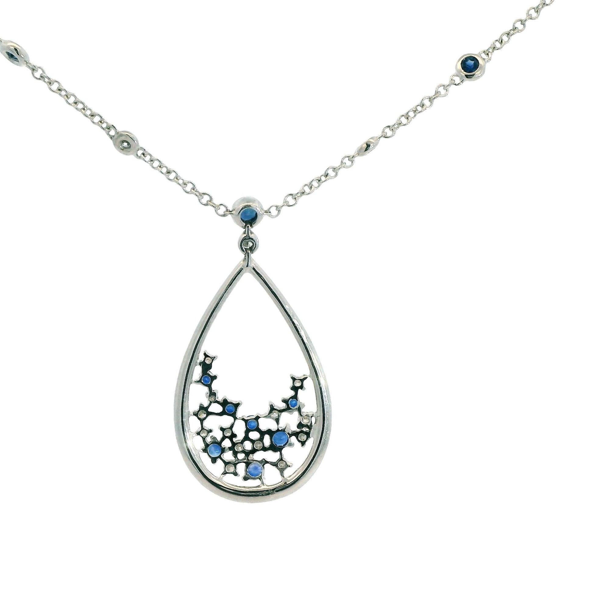 0.64cttw. White Diamond & Blue Sapphire Necklace in 18k White Gold 18" 6.90g.