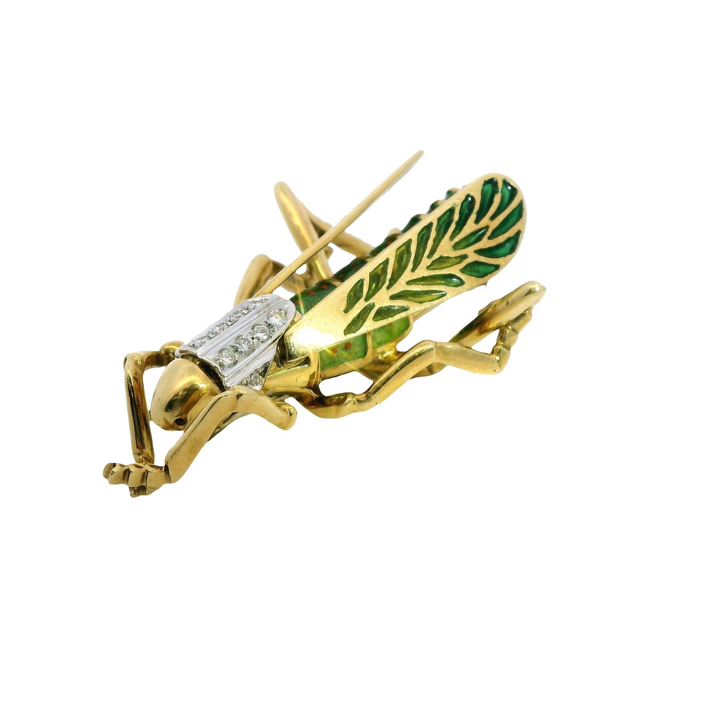 18k Yellow Gold Grasshopper Enamel Diamond Brooch 24.84g.