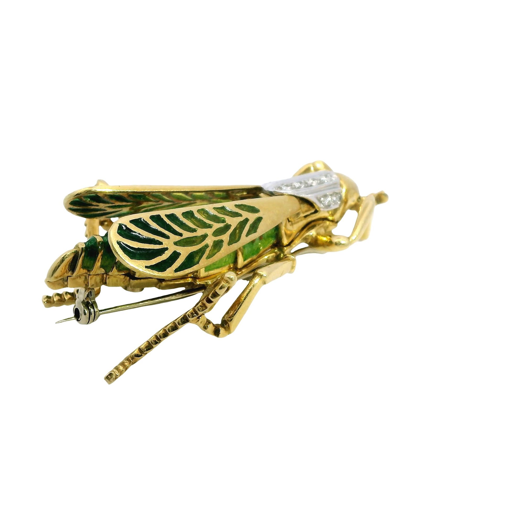 18k Yellow Gold Grasshopper Enamel Diamond Brooch 24.84g.