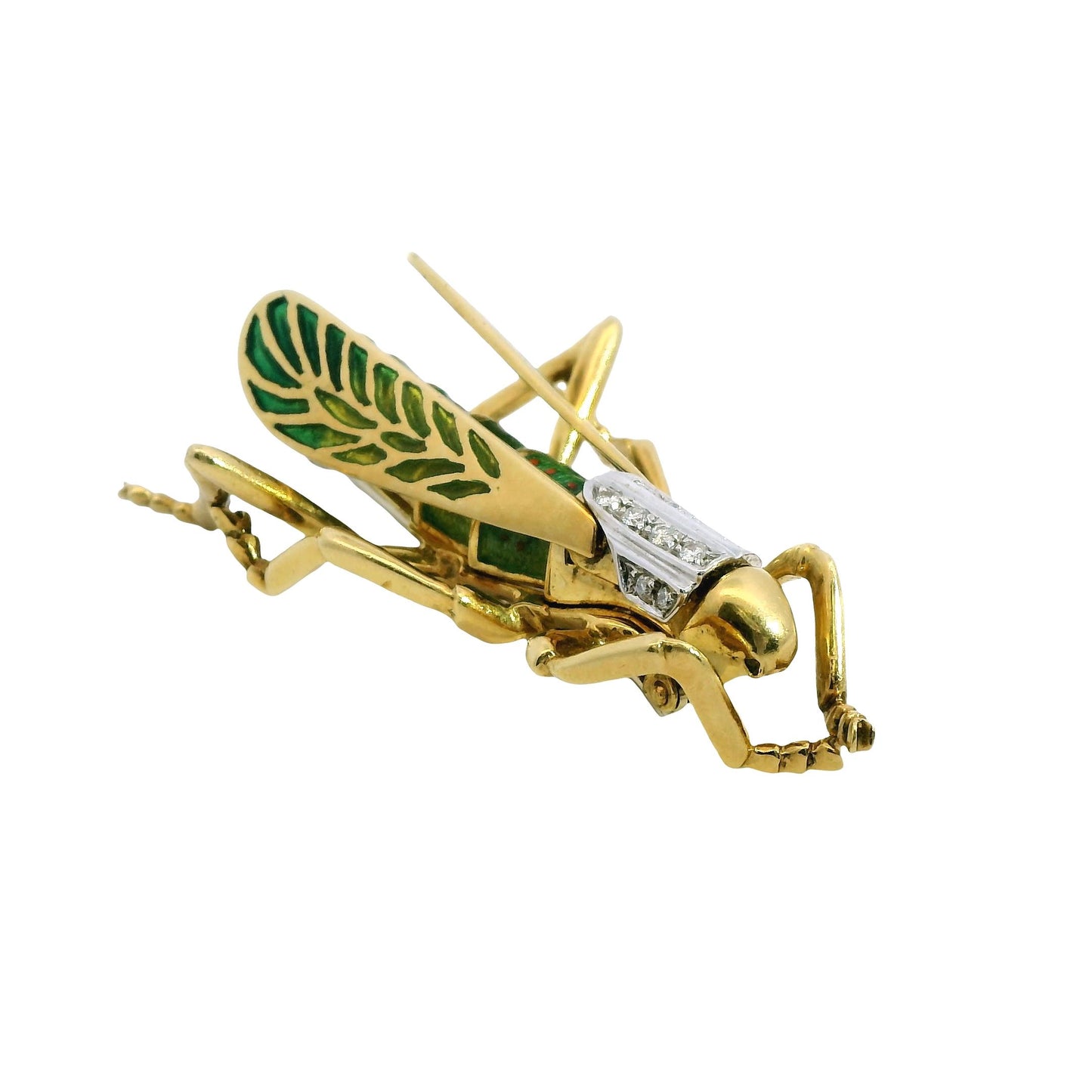 18k Yellow Gold Grasshopper Enamel Diamond Brooch 24.84g.