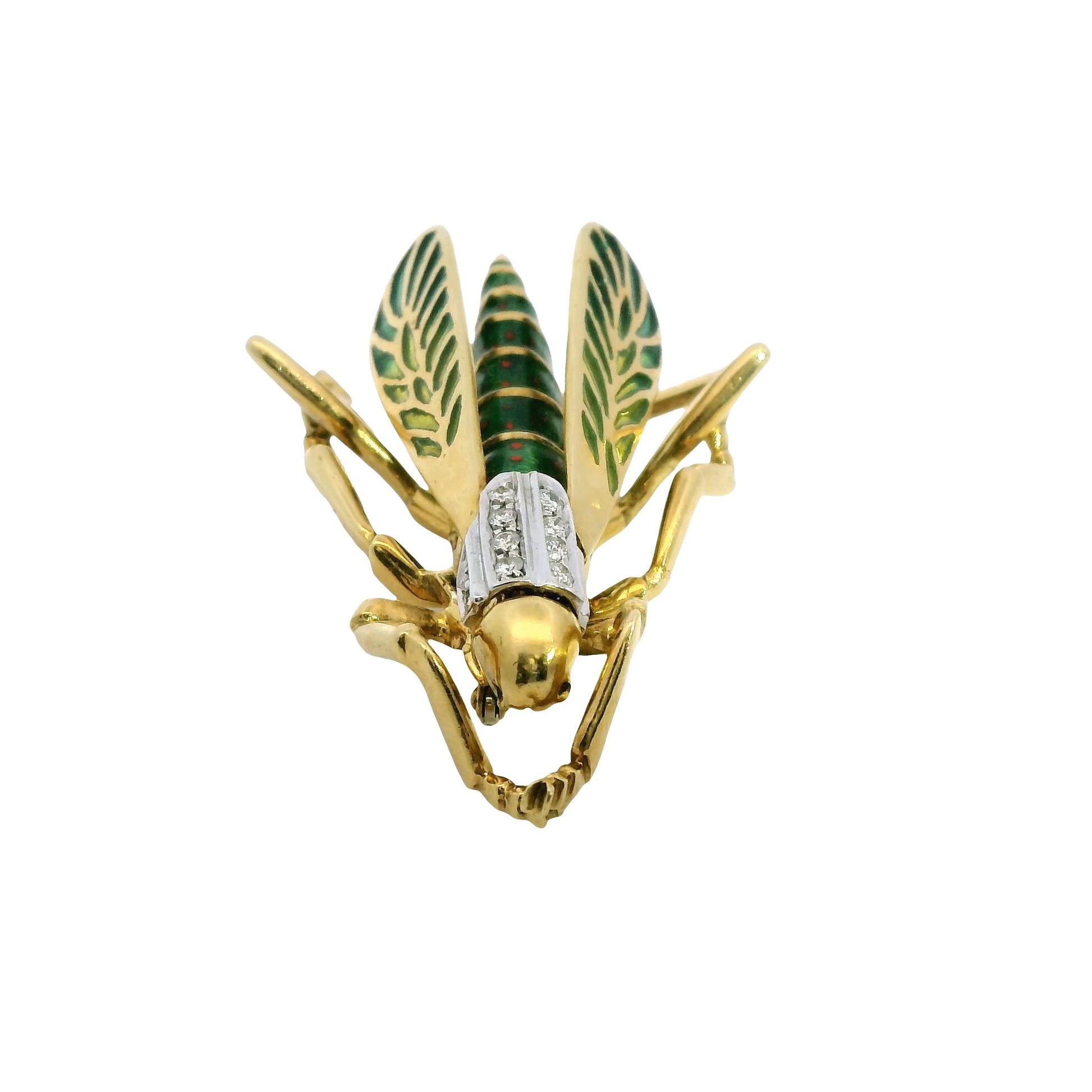 18k Yellow Gold Grasshopper Enamel Diamond Brooch 24.84g.