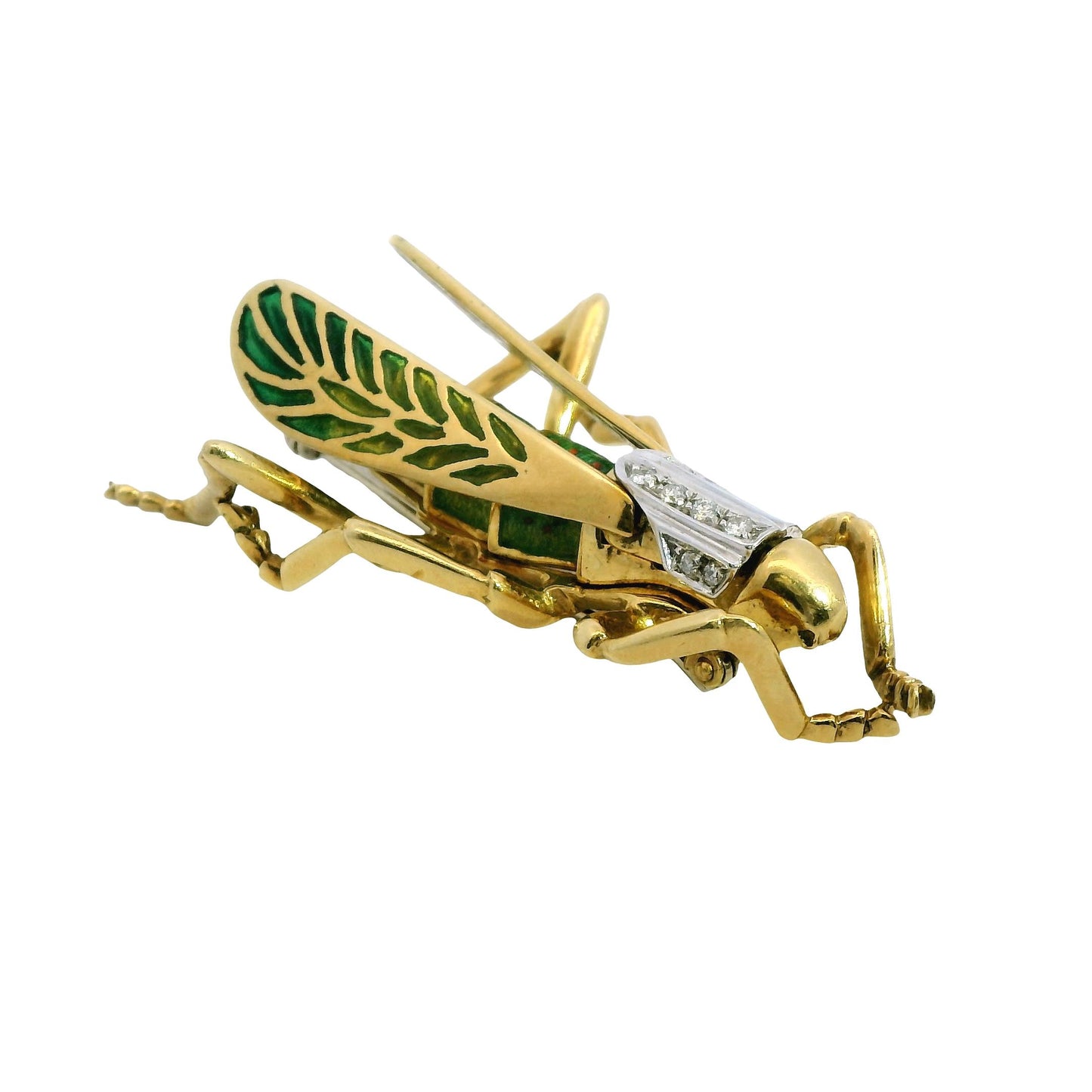 18k Yellow Gold Grasshopper Enamel Diamond Brooch 24.84g.