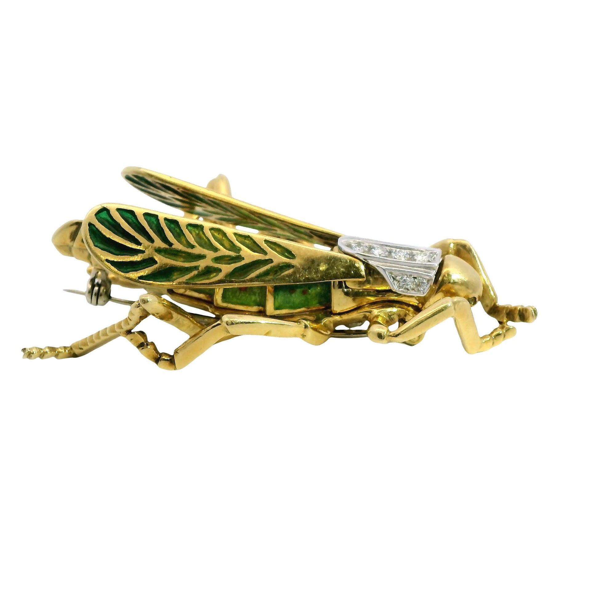 18k Yellow Gold Grasshopper Enamel Diamond Brooch 24.84g.